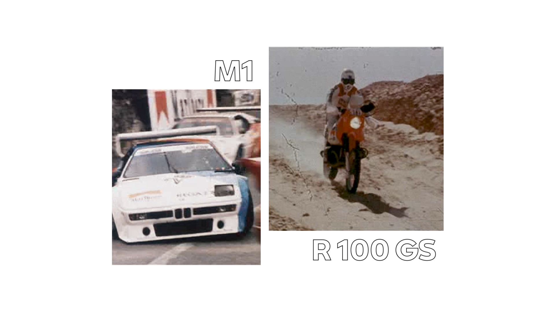 On the left, a historic image of the BMW M1, on the right the legendary Paris Dakar Rallye bike.